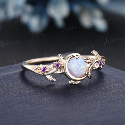 Nature Inspired White Fire Opal Engagement Ring 14K Solid Gold Moon Star Design Round Opal Amethyst Ring Branch Leaf Vine Opal Wedding Ring