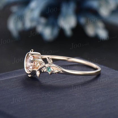 14K Solid Gold Round Cut Natural Morganite Ring Nature Inspired Engagement Ring Moon Star Wedding Ring Branch Leaf Vine Green Emerald Ring
