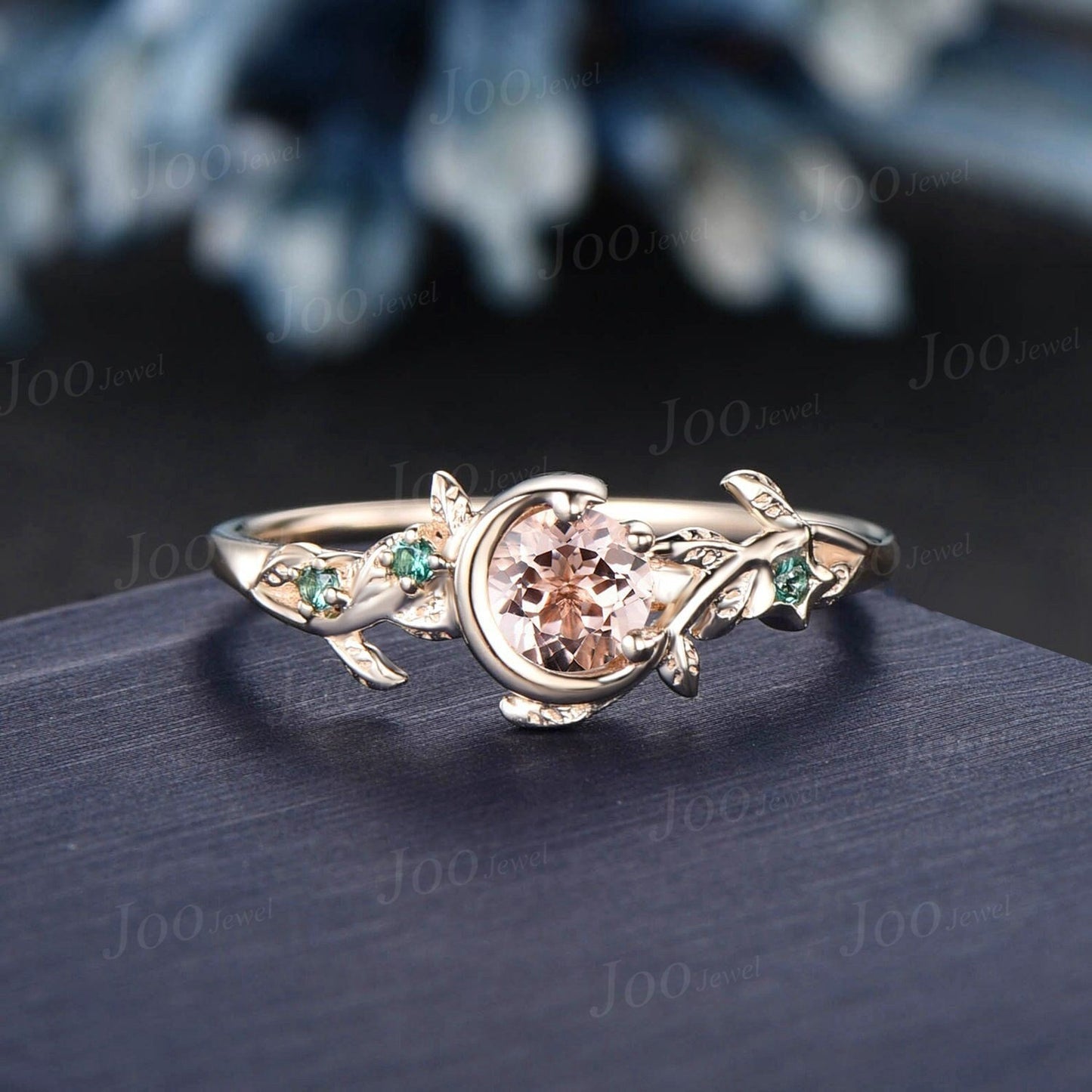 14K Solid Gold Round Cut Natural Morganite Ring Nature Inspired Engagement Ring Moon Star Wedding Ring Branch Leaf Vine Green Emerald Ring