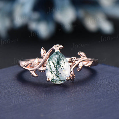 1.25ct Pear Natural Moss Agate Diamond Bridal Ring Set 14K Rose Gold Vintage Branch Solitaire Ring Leaf Nature Wedding Ring Anniversary Gift