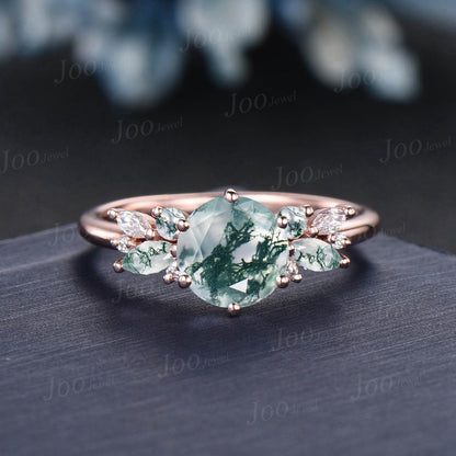 1ct Round Natural Green Moss Agate Ring Cluster Moissanite Agate Stone Butterfly Wedding Ring Nature Inspired Alternative Engagement Rings