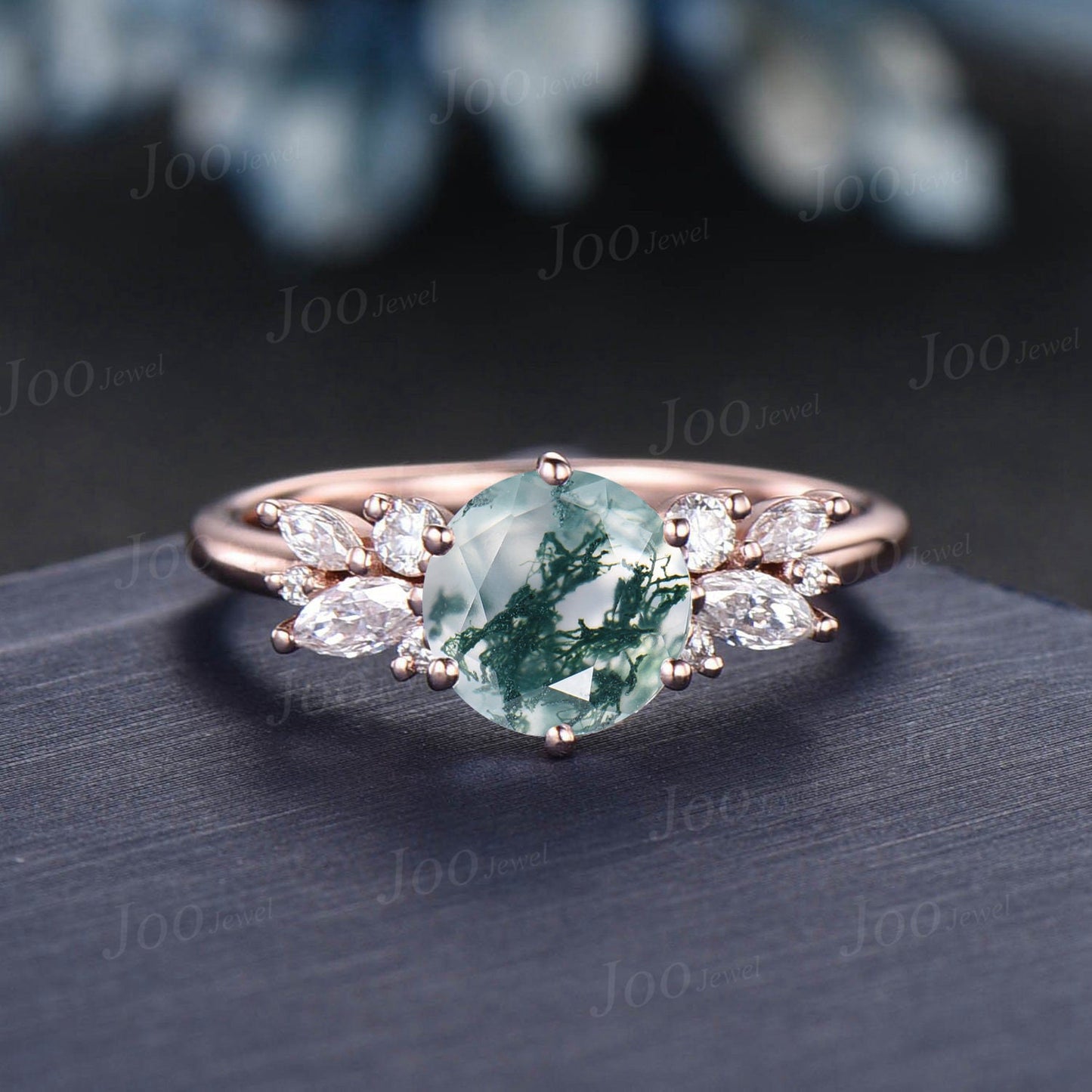 1ct Round Natural Moss Agate Ring Cluster Moissanite Agate Stone Butterfly Wedding Ring Nature Inspired Alternative Green Engagement Rings