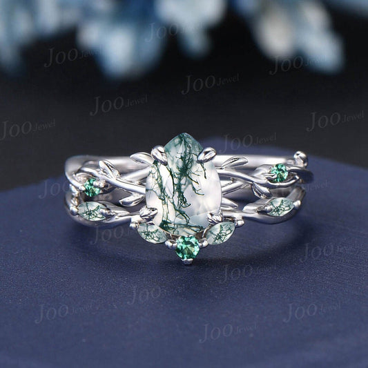 Nature Inspired Moss Agate Bridal Set 10K White Gold 1.25ct Pear Moss Agate Engagement Ring Branch Vine Green Emerald Twig Wedding Ring Set