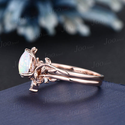 1.25ct Pear Fire Opal Engagement Ring Set Vintage 10K Rose Gold Nature Inspired Opal Diamond Wedding Ring October Birthstone Birthday Gifts