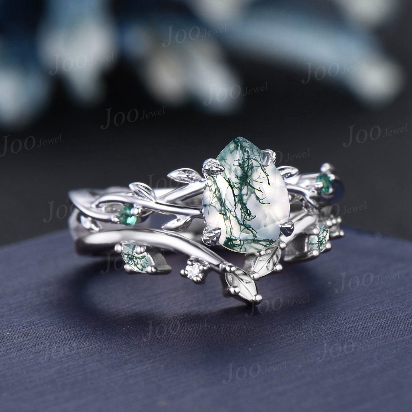 1.25ct Nature Inspired Twig Moss Agate Engagement Ring Set Branch Leaf Vine Green Emerald Ring Pear Wedding Ring Moss Agate Stone Bridal Set