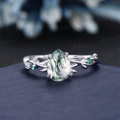 1.25ct Twig Vine Moss Agate Engagement Ring Set Branch Leaf Nature Inspired Wedding Ring Green Emerald Ring Pear Moss Agate Bridal Ring Set