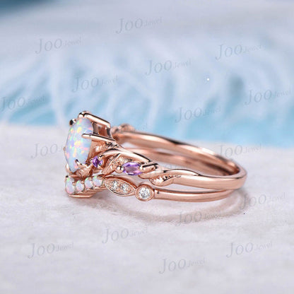 Nature Inspired Twig Opal Ring Set 10K Rose Gold Hexagon Opal Branch Engagement Ring Amethyst Wedding Ring October Birthstone Birthday Gifts