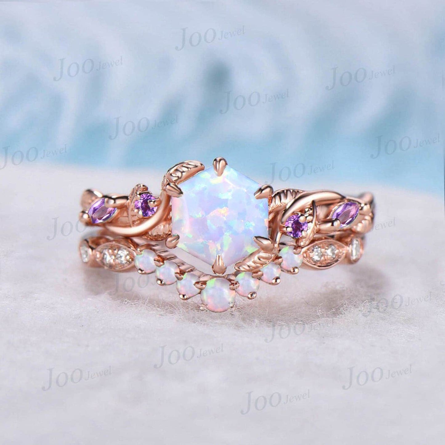 Nature Inspired Twig Opal Ring Set 10K Rose Gold Hexagon Opal Branch Engagement Ring Amethyst Wedding Ring October Birthstone Birthday Gifts