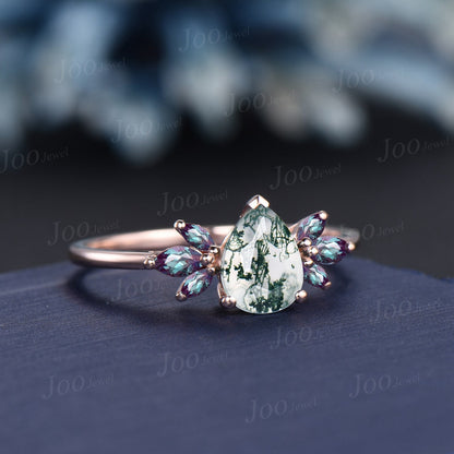 1.25ct Natural Moss Agate Engagement Ring 10K Rose Gold Marquise Color-Change Alexandrite Ring Unique Pear Moss Agate Promise Ring for Women