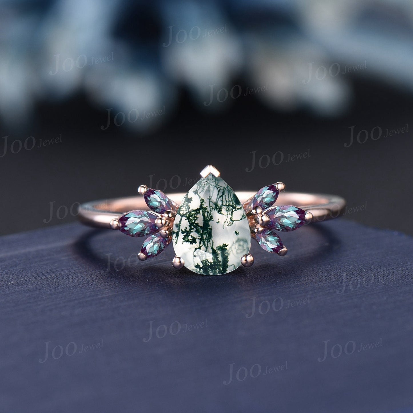 1.25ct Natural Moss Agate Engagement Ring 10K Rose Gold Marquise Color-Change Alexandrite Ring Unique Pear Moss Agate Promise Ring for Women