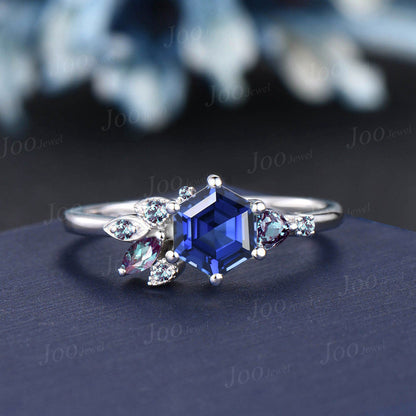 1CT Hexagon Blue Sapphire Engagement Ring 10K Rose Gold Color-Change Alexandrite Wedding Ring Cluster Promise Ring September Birthstone Gift