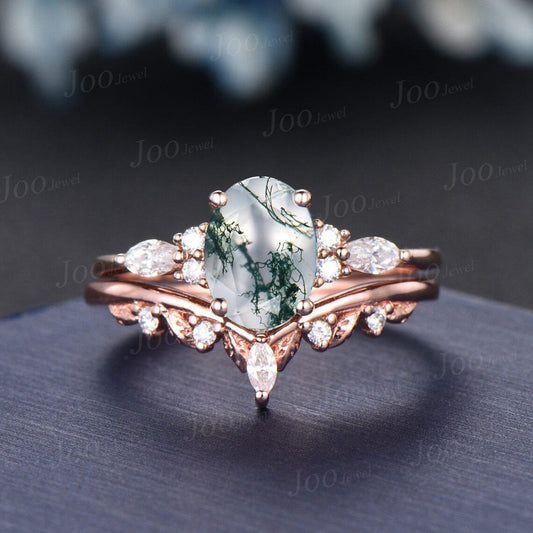 1.5ct Oval Cut Moss Agate Engagement Bridal Ring Set 14K Rose Gold Cluster Moissanite Diamond Ring Twig Vine Branch Wedding Band for Women