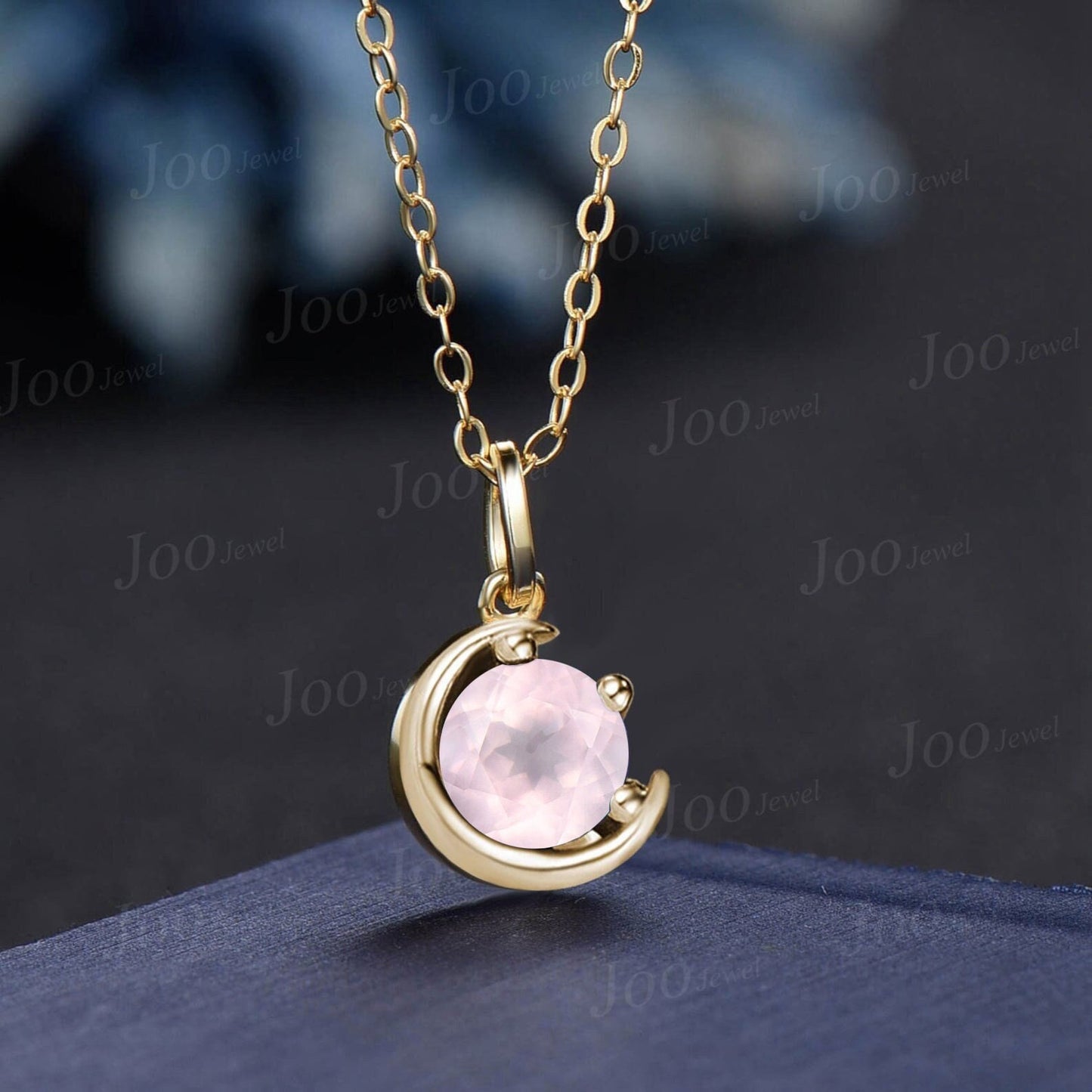 1ct Round Natural Rose Quartz Necklace Silver/14K Yellow Gold Half Moon Pink Gemstone Chain Necklace Valentine's Day Jewelry Gift for Couple