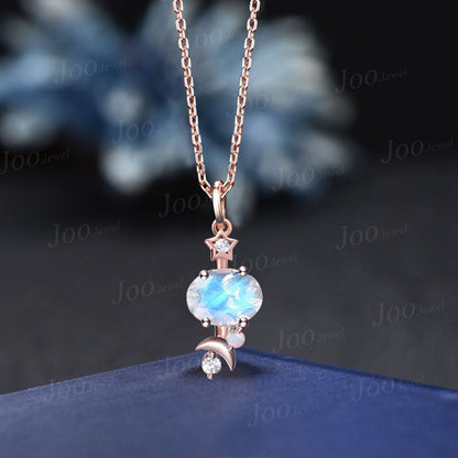 Unique Natural Oval Moonstone Bridal Pendant Silver/14K Real Rose Gold Personalized June Birthstone Wedding Necklace Moon Star Drop Necklace