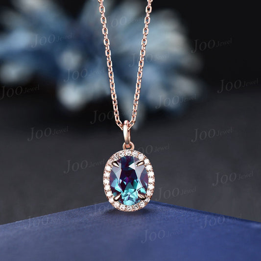Oval Cut Color-Change Alexandrite Necklace Solid 14K/18K Rose Gold June Birthstone Gemstone Necklace Vintage Halo Moissanite Diamond Pendant