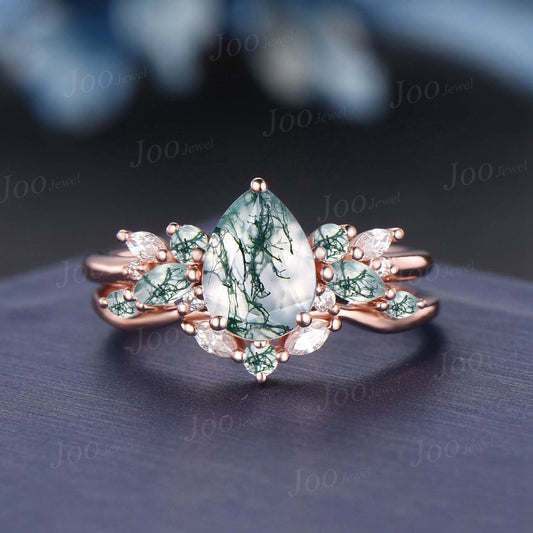 1.25ct Pear Shaped Natural Moss Agate Cluster Engagement Ring Set 10K/14K/18K Rose Gold Branch Wedding Ring Moissanite Moss Agate Bridal Set