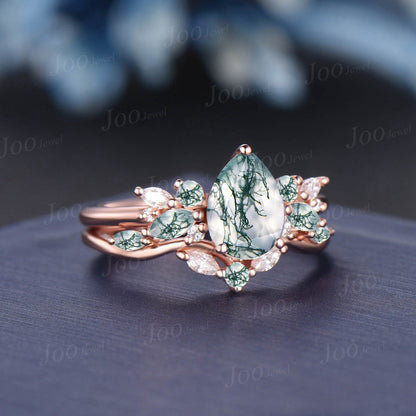 1.25ct Pear Shaped Natural Moss Agate Cluster Engagement Ring Set 10K/14K/18K Rose Gold Branch Wedding Ring Moissanite Moss Agate Bridal Set