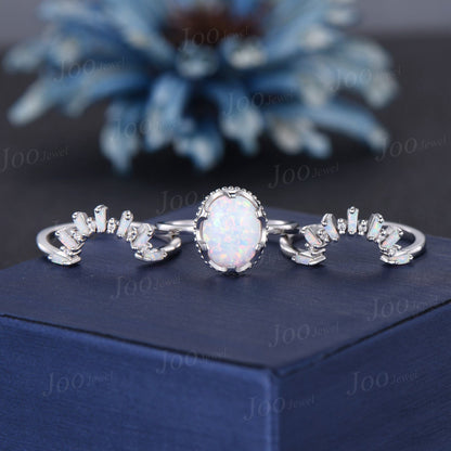 Oval Opal Solitaire Ring Set Baguette Opal Crown Tiara Wedding Ring Silver Curved Moissanite Opal Contour Nesting Band Fire Opal Bridal Set