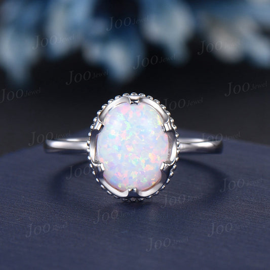 Handmade White Fire Opal Solitaire Rings Oval Wedding Ring for Women Vintage Sterling Silver Cocktail Ring October Birthstone Jewelry Gifts