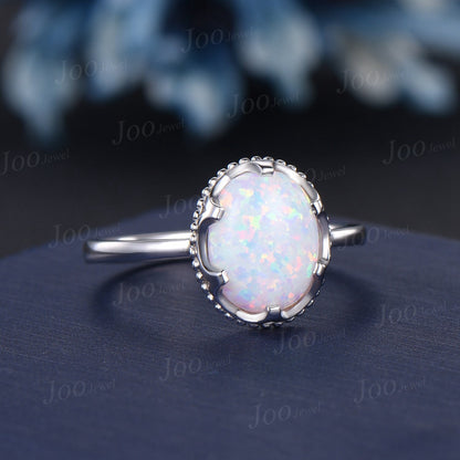 Handmade White Fire Opal Solitaire Rings Oval Wedding Ring for Women Vintage Sterling Silver Cocktail Ring October Birthstone Jewelry Gifts