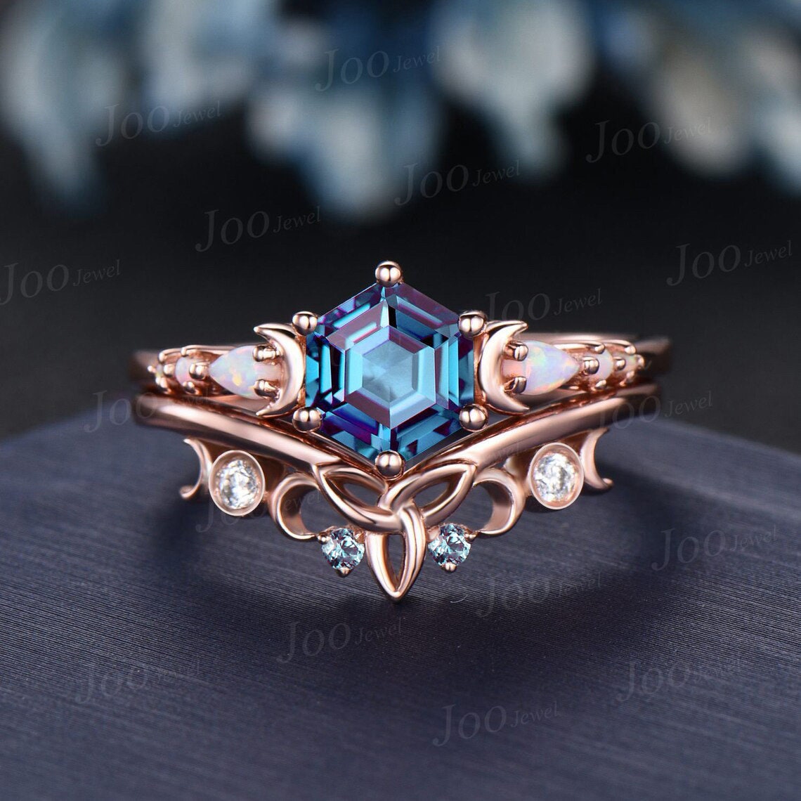 1ct Hexagon Color-Change Alexandrite Opal Engagement Ring Rose Gold Crescent Moon Wedding Ring Trinity Celtic Knot Moissanite Bridal Rings