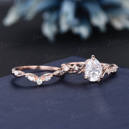 Nature Inspired Moissanite Engagement Ring Set Twist Band 1.25ct Pear Moissanite Diamond Wedding Ring Set Leaf Vine Ring Branch Bridal Set