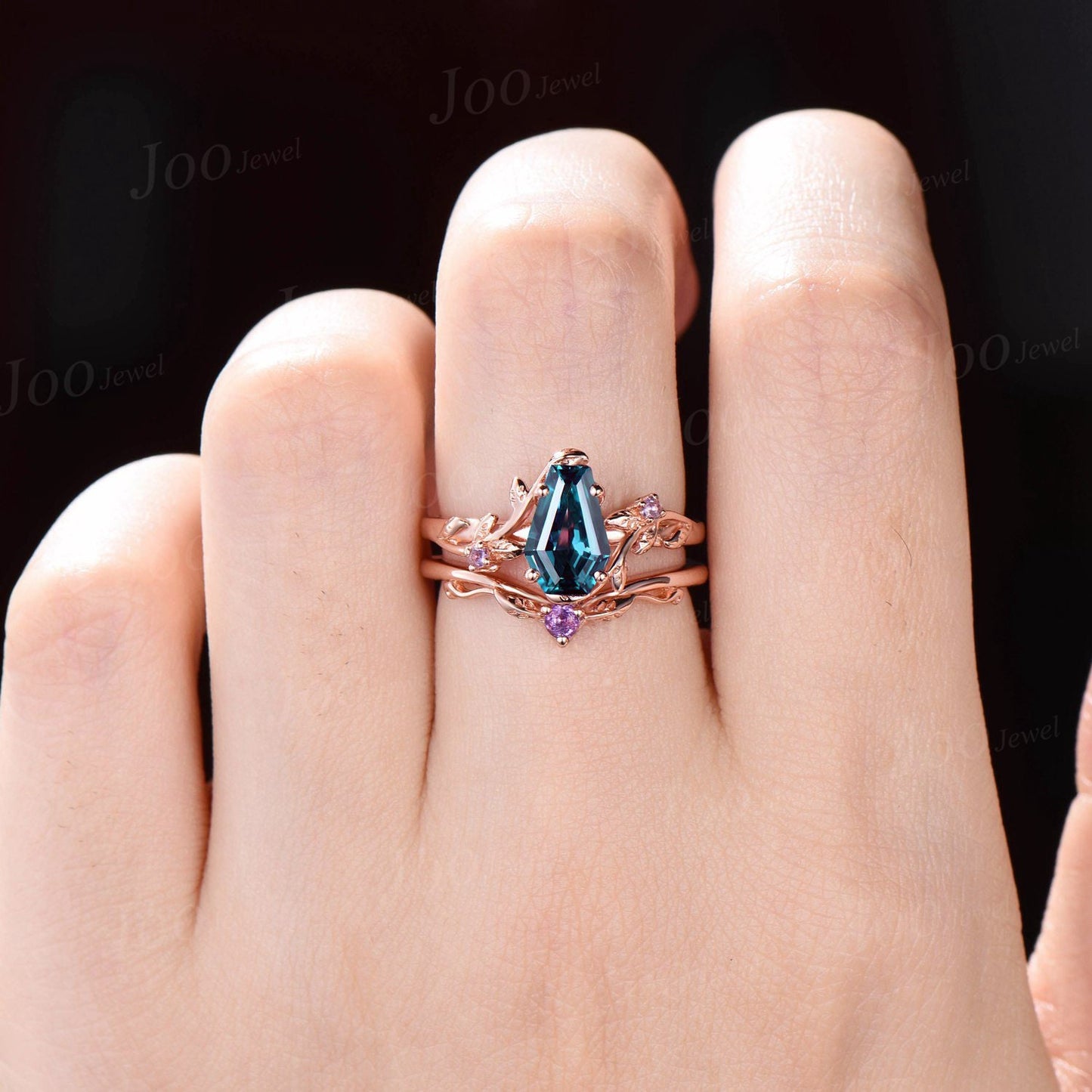 Nature Inspired Coffin Cut Color-Change Alexandrite Engagement Ring Set Long Hexagon Alexandrite Ring Cluster Branch Amethyst Wedding Rings