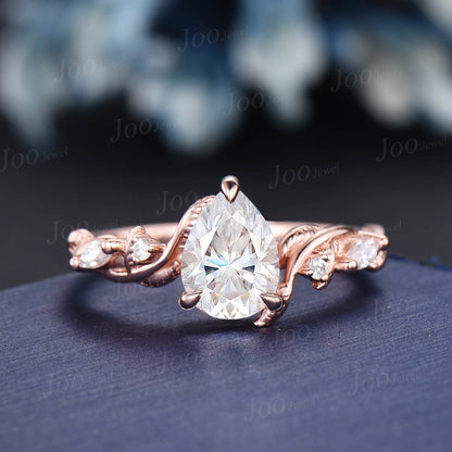 Nature Inspired Moissanite Engagement Ring Set Twist Band 1.25ct Pear Moissanite Diamond Wedding Ring Set Leaf Vine Ring Branch Bridal Set