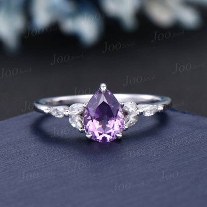 1.25ct Pear Shaped Natural Amethyst Ring Set Silver Platinum Purple Crystal Amethyst Wedding Bridal Ring February Birthstone Jewelry Gifts