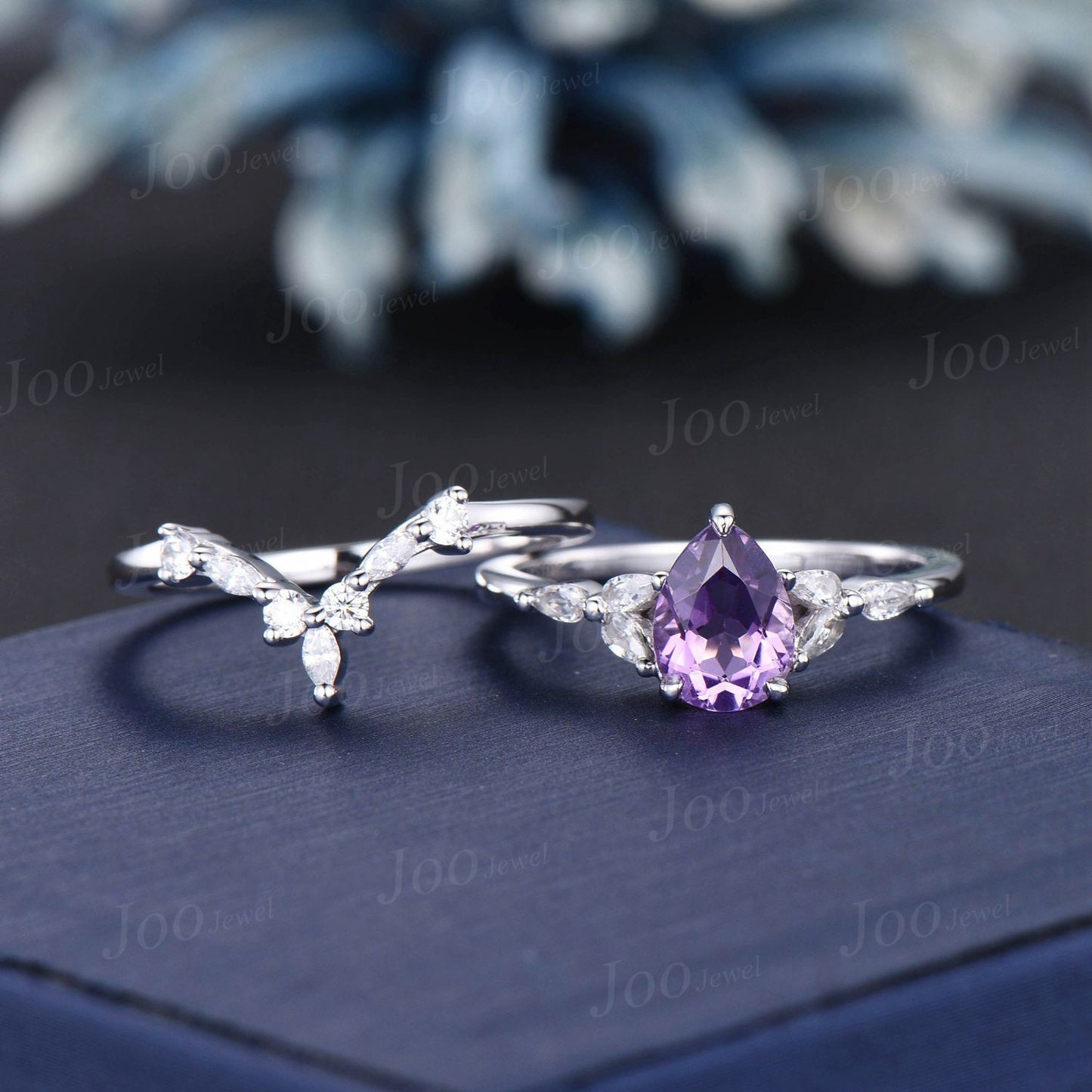 1.25ct Pear Shaped Natural Amethyst Ring Set Silver Platinum Purple Crystal Amethyst Wedding Bridal Ring February Birthstone Jewelry Gifts