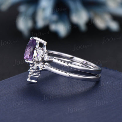 1.25ct Pear Shaped Natural Amethyst Ring Set Silver Platinum Purple Crystal Amethyst Wedding Bridal Ring February Birthstone Jewelry Gifts