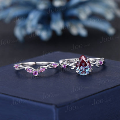 1.25ct Nature Inspired Color-Change Alexandrite Amethyst Bridal Set Twig Vine Teardrop Alexandrite Ring Set June Birthstone Birthday Gifts