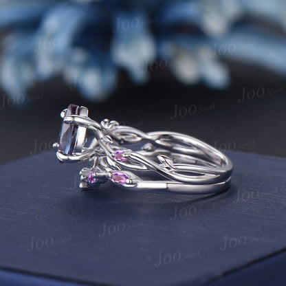 1.25ct Nature Inspired Color-Change Alexandrite Amethyst Bridal Set Twig Vine Teardrop Alexandrite Ring Set June Birthstone Birthday Gifts