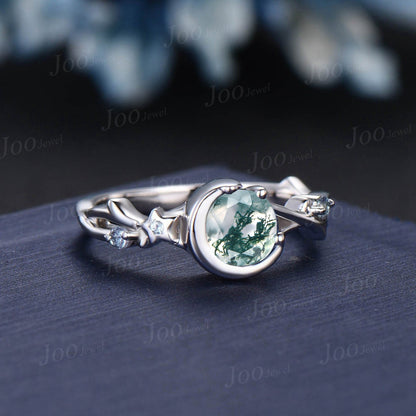 Nature Inspired Natural Moss Agate Ring Moon Star Design Vintage Round Moss Agate Twig Vine Engagement Ring Cluster Alexandrite Promise Ring