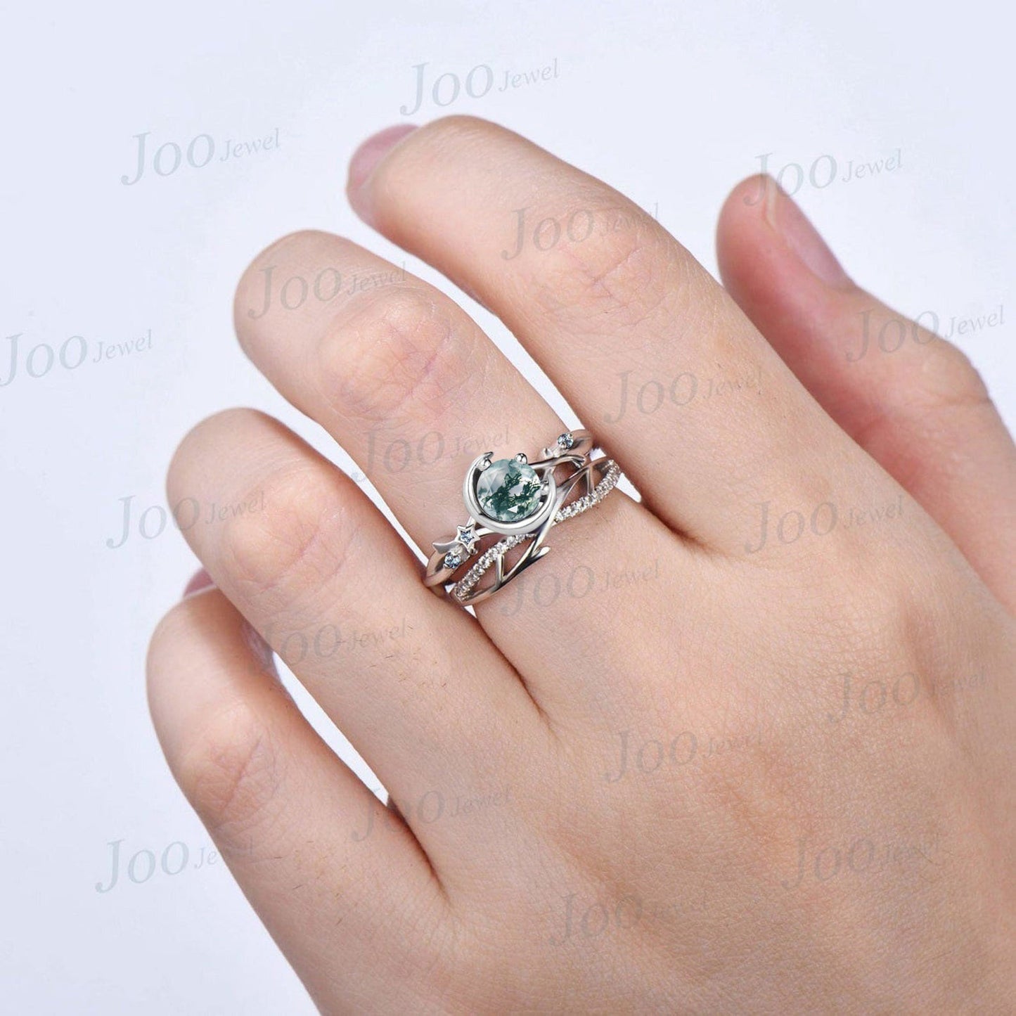 Nature Inspired Natural Moss Agate Ring Moon Star Design Vintage Round Moss Agate Twig Vine Engagement Ring Cluster Alexandrite Promise Ring