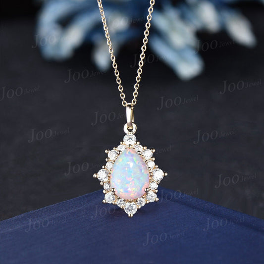 Pear Gemstone Necklace 14K Gold Teardrop Opal Halo Moissanite Diamond Necklace Pendant Women Bridal Anniversary Gifts Alexandrite Jewelry