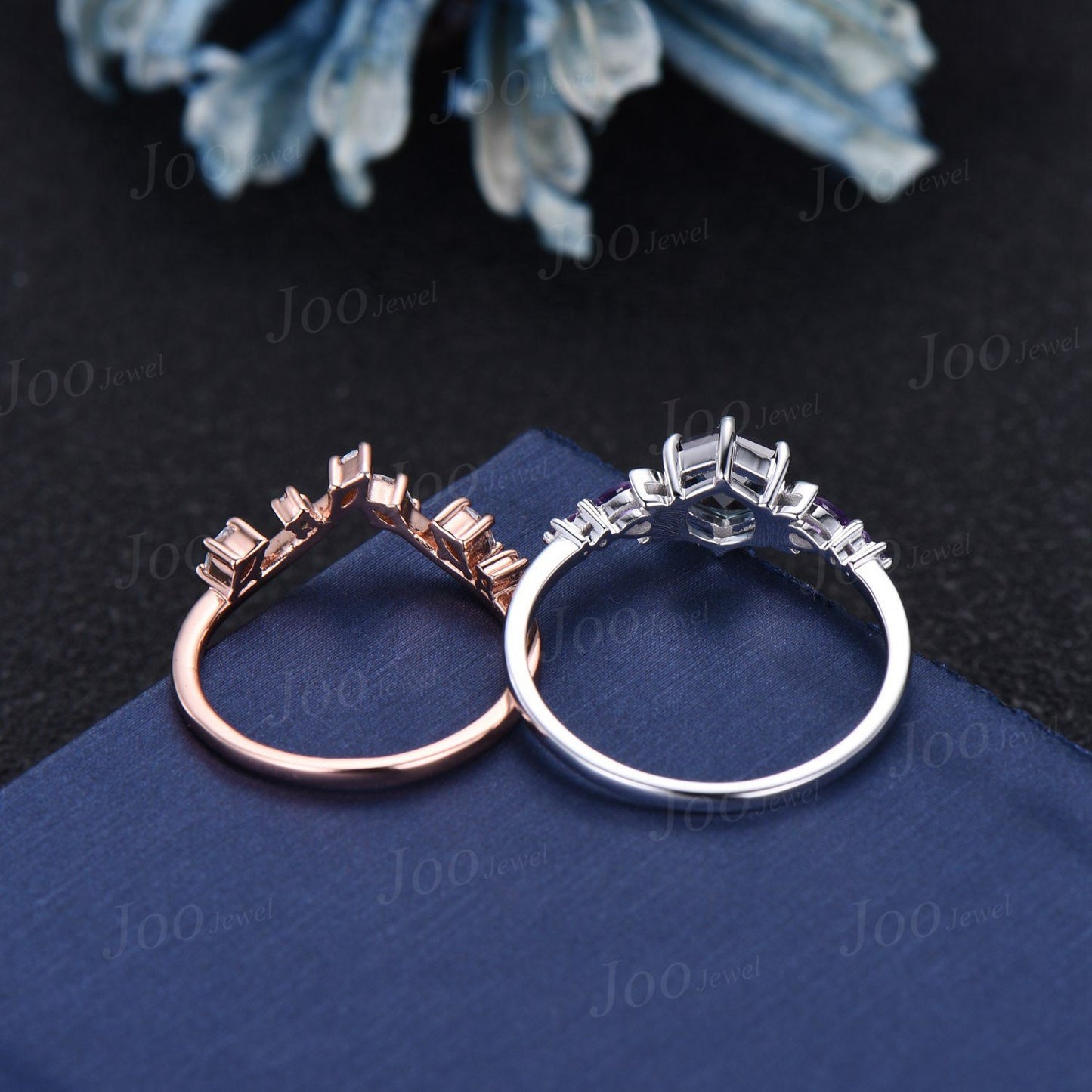 1ct Hexagon Cut Color-Change Alexandrite Amethyst Moon Engagement Ring Set 14K White Gold Branch Leaf Vine Amethyst Moissanite Wedding Ring