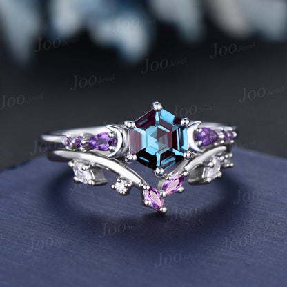 1ct Hexagon Cut Color-Change Alexandrite Amethyst Moon Engagement Ring Set 14K White Gold Branch Leaf Vine Amethyst Moissanite Wedding Ring