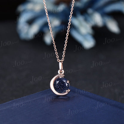 Dainty Round Blue Sandstone Pendant Necklace Silver/14K Yellow Gold Starry Sky Blue Goldstone Wedding Necklace Unique Cresecnt Moon Necklace