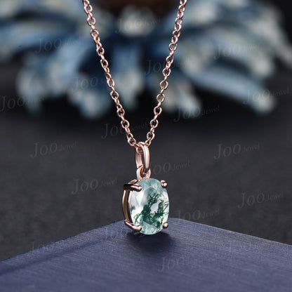 Oval Natural Moss Agate Necklace Solid 14k/18k Rose Gold Vintage Unique Personalized Wedding Pendant For Women Her Anniversary Bridal Gifts
