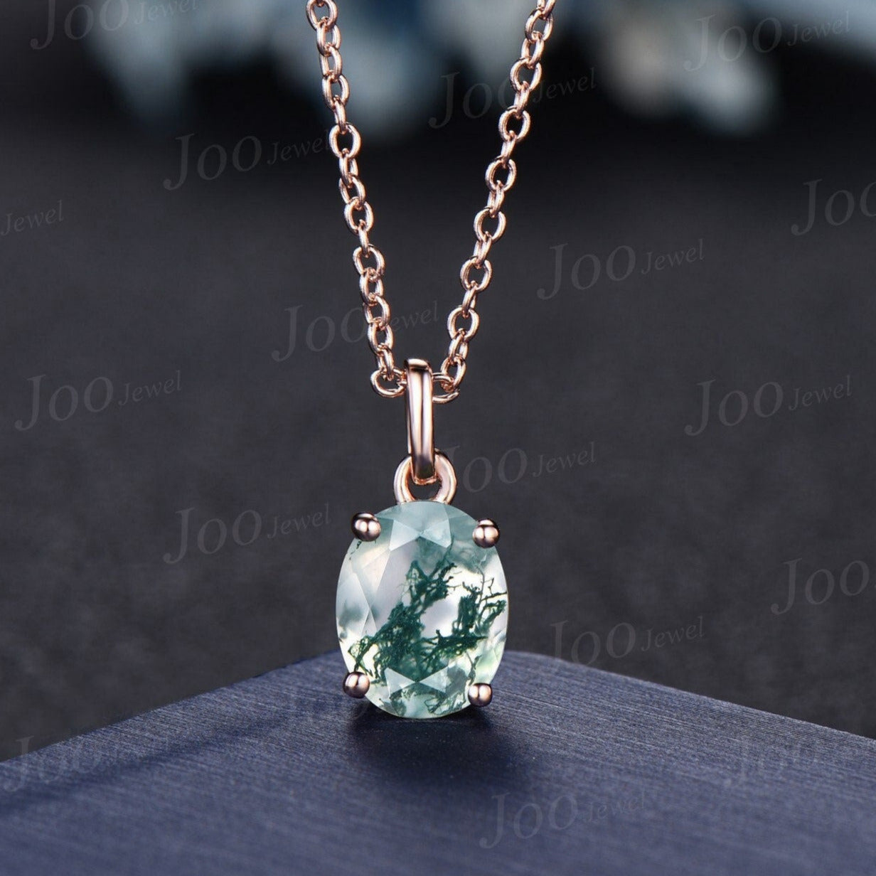 Oval Natural Moss Agate Necklace Solid 14k/18k Rose Gold Vintage Unique Personalized Wedding Pendant For Women Her Anniversary Bridal Gifts