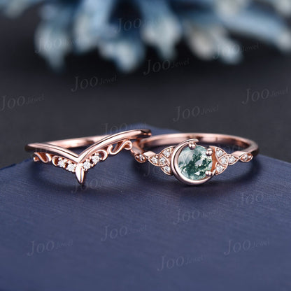 5mm Round Cut Natural Moss Agate Moon Wedding Ring Set Vintage Celtic Knot Trinity Band 10K Rose Gold Moissanite Aquatic Agate Bridal Ring