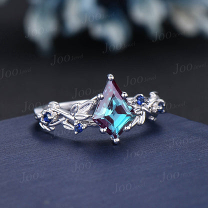 Nature Inspired Color-Change Alexandrite Ring Kite Cut Alexandrite Engagement Ring Leaf Vine Blue Sapphire Wedding Ring Unique Promise Gift
