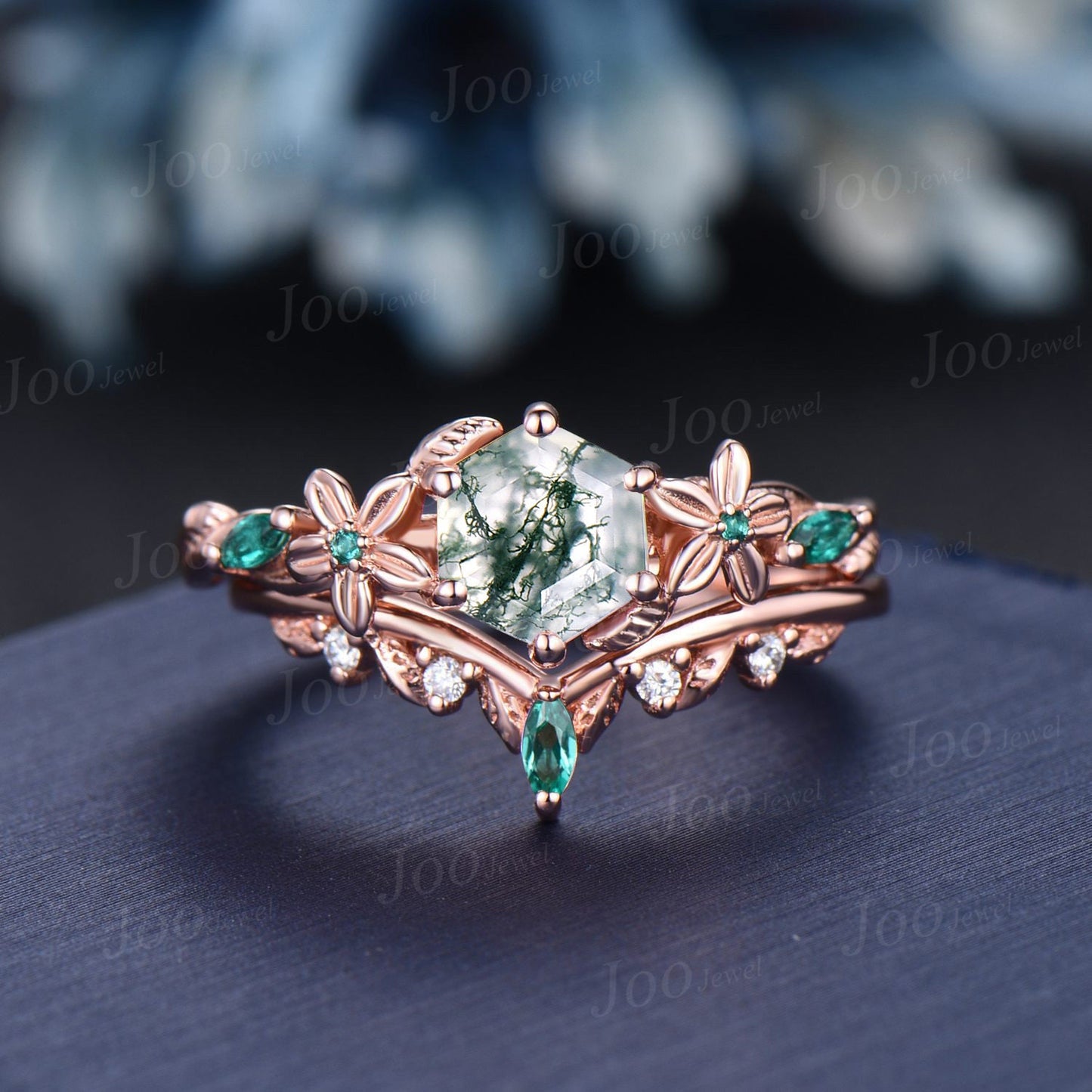 1ct Natural Hexagon Moss Agate Ring Set Vintage Nature Inspired Engagement Ring Floral Green Emerald Ring Flower Leaf Gemstone Promise Rings