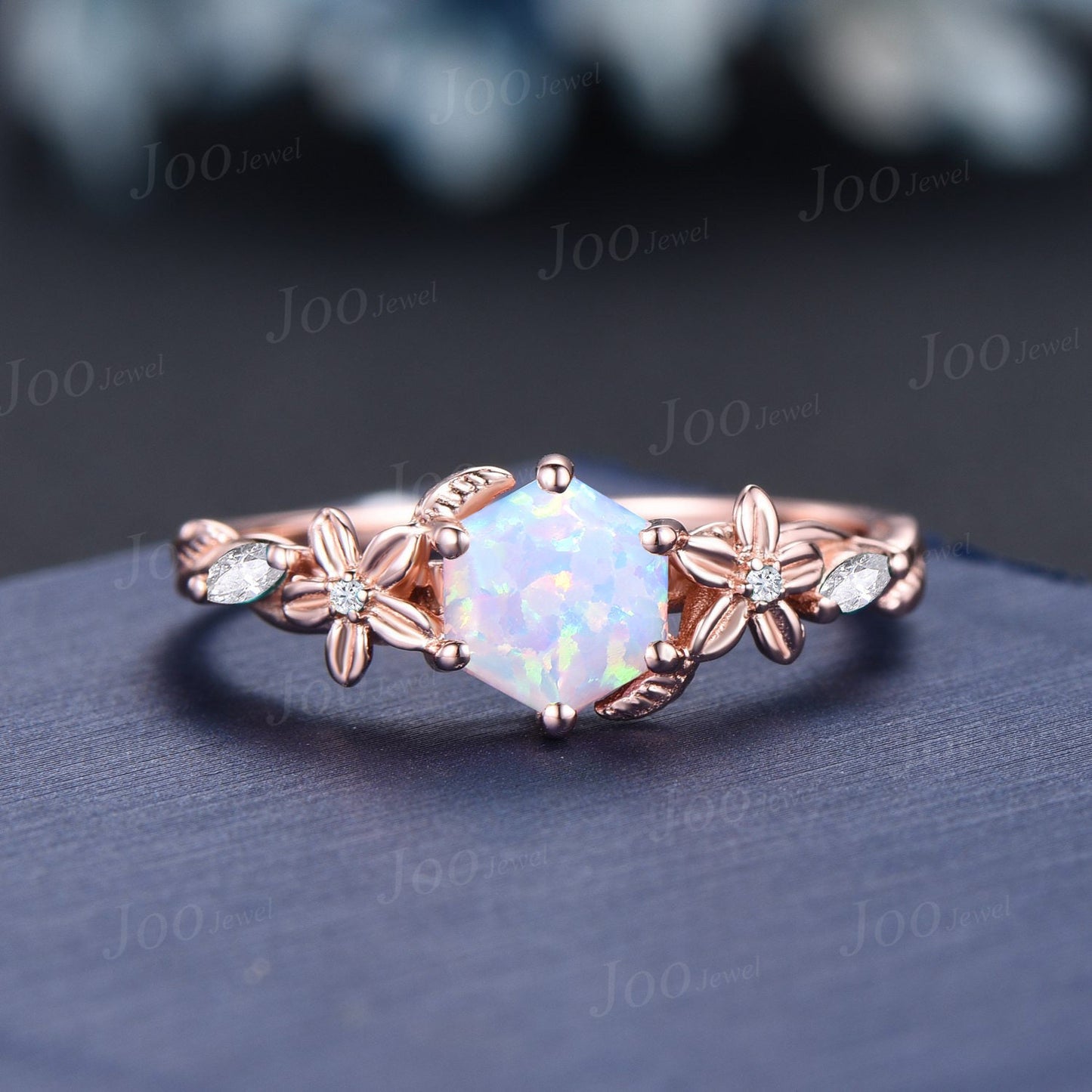 Nature Inspired White Opal Ring Set for Women 14k Rose Gold Branch Floral Moissanite Opal Engagement Ring October Birthstone Jewelry Gifts