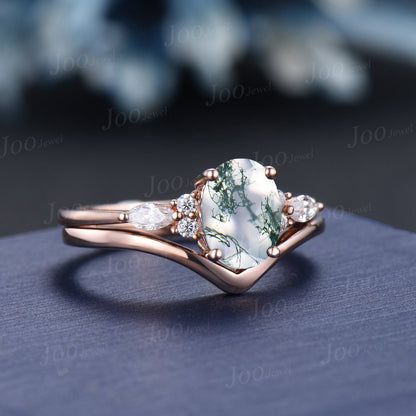 1.5ct Oval Natural Green Moss Agate Engagement Ring Set 14K Rose Gold Cluster Aquatic Agate Moissanite Promise Ring Woman Plain Wedding Band