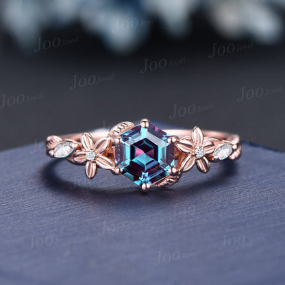 1ct Nature Inspired Flower Color-Change Alexandrite Engagement Ring Set 14K Rose Gold Moissanite Wedding Ring June Birthstone Jewelry Gifts