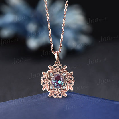 Nature Inspired Color-Change Alexandrite Floral Pendant Necklace Rose Gold June Birthstone Necklace Leaf Halo Moissanite Filigree Necklaces