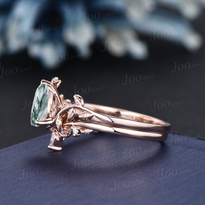 1.25ct Pear Natural Moss Agate Diamond Bridal Ring Set 14K Rose Gold Vintage Branch Solitaire Ring Leaf Nature Wedding Ring Anniversary Gift