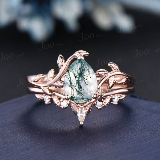 1.25ct Pear Natural Moss Agate Diamond Bridal Ring Set 14K Rose Gold Vintage Branch Solitaire Ring Leaf Nature Wedding Ring Anniversary Gift